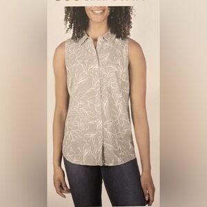 Ecothreads Women’s Button Up Blouse Sleeveless Linen Top size Large green floral